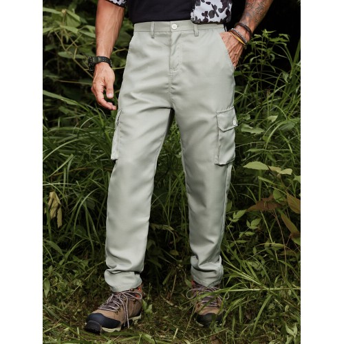 Men Solid Color Utility Multi Pocket Buttons Ankle Length Casual Pants