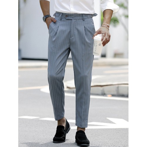 Men Striped Print Ruched Slimming Ankle Length Business Formal Pants