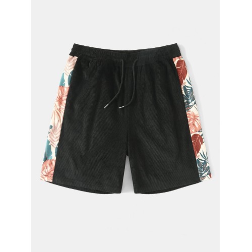 Men Tropical Plant Side Print Patchwork Corduroy Casual Drawstring Shorts