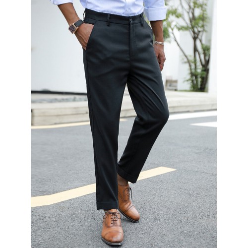 Men Pures Color Front Button Zipper Fly Ankle Length Work Pants