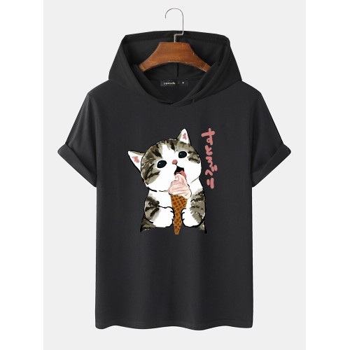 Mens Cute Cat Japanese Print Short Sleeve Drawstring Hooded T  Shirts