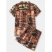 Mens Abstract Print V  Neck Short Sleeve Top Home Pajamas Sauna Sweating Suit