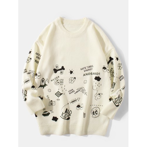 Mens Cute Cartoon Print Round Neck Long Sleeve Knitted Pullover Sweaters